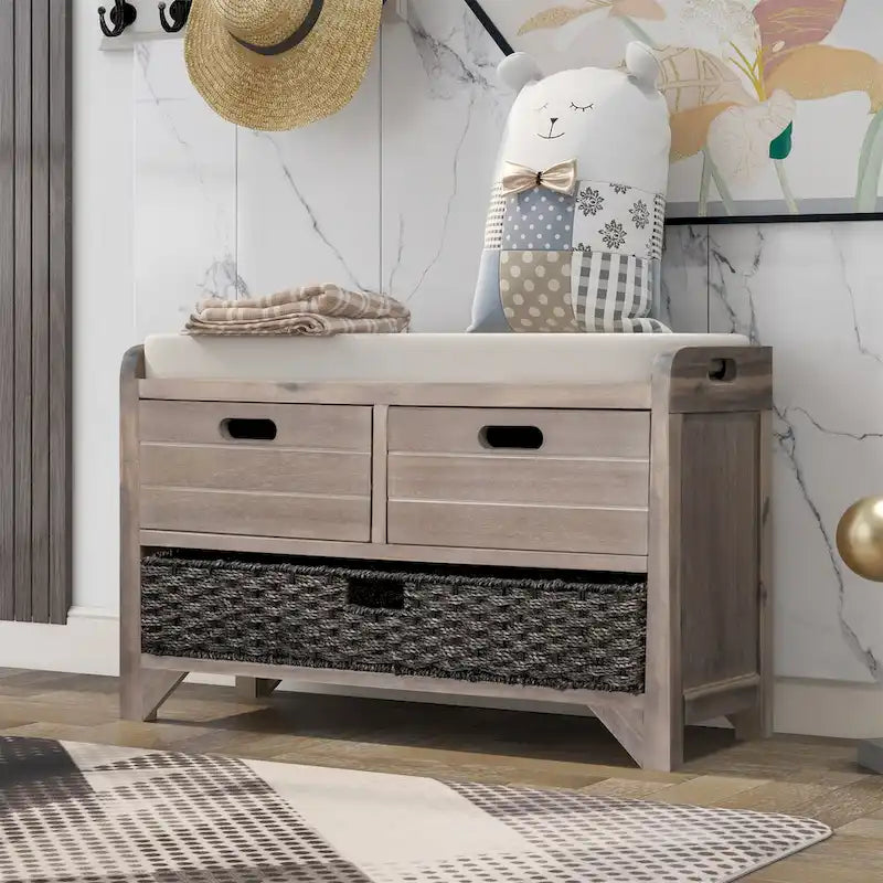 Acacia Wood Storage Bench with Removable Basket, 2 Drawers and Cushion, 32 in.