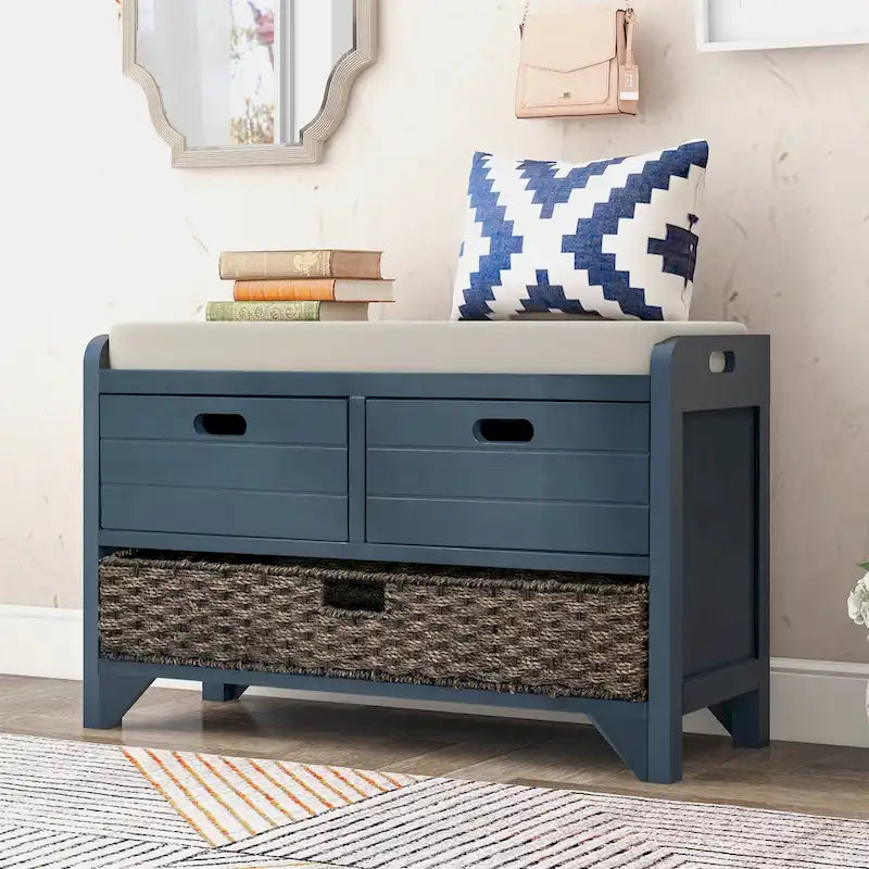Acacia Wood Storage Bench with Removable Basket, 2 Drawers and Cushion, 32 in.