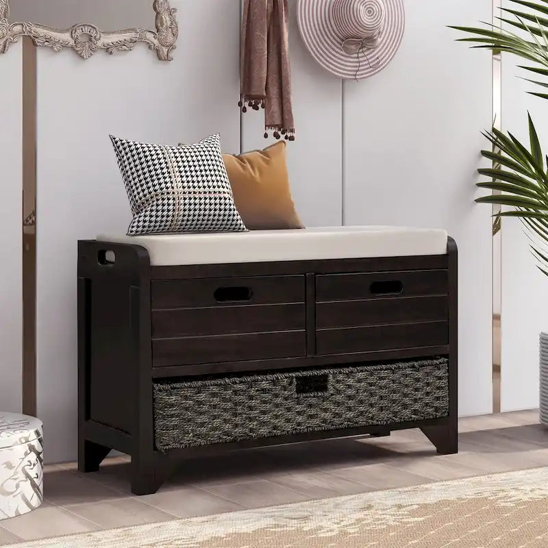 Acacia Wood Storage Bench with Removable Basket, 2 Drawers and Cushion, 32 in.