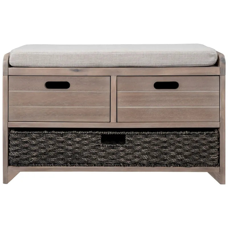 Acacia Wood Storage Bench with Removable Basket, 2 Drawers and Cushion, 32 in.