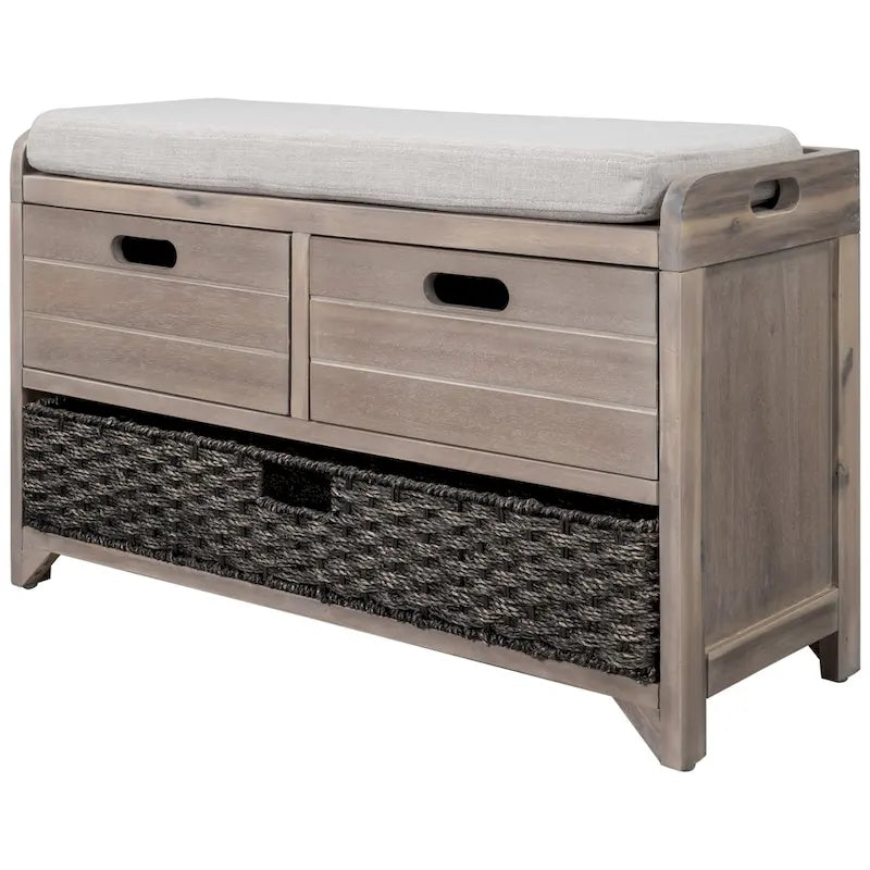 Acacia Wood Storage Bench with Removable Basket, 2 Drawers and Cushion, 32 in.