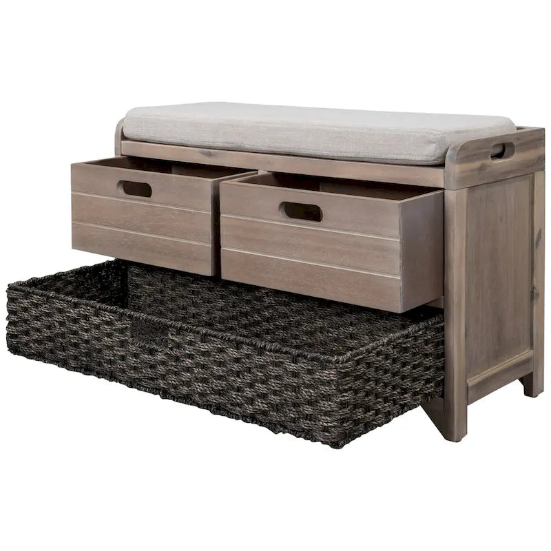 Acacia Wood Storage Bench with Removable Basket, 2 Drawers and Cushion, 32 in.