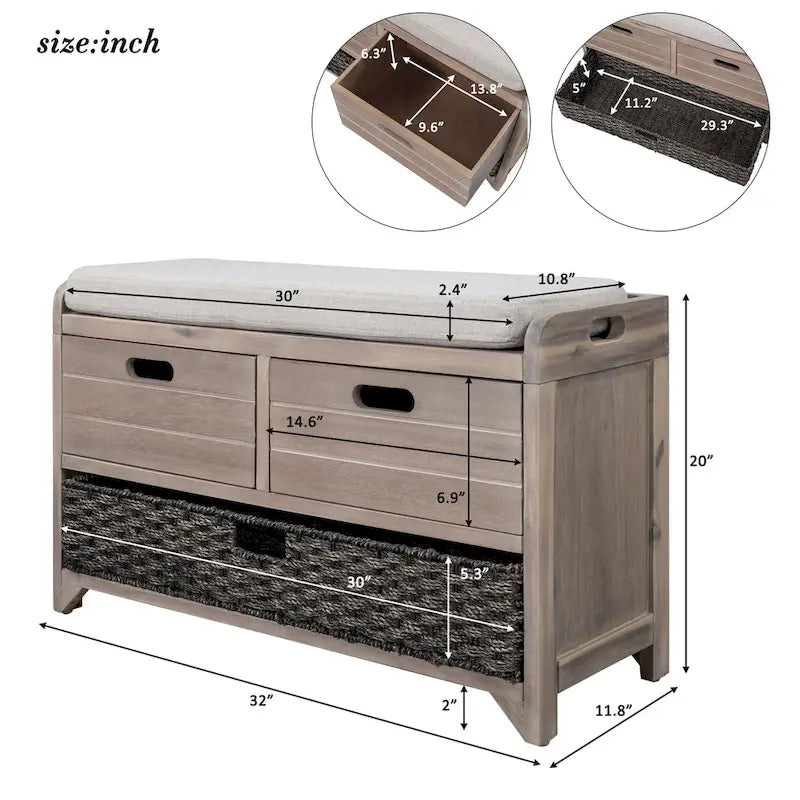 Acacia Wood Storage Bench with Removable Basket, 2 Drawers and Cushion, 32 in.