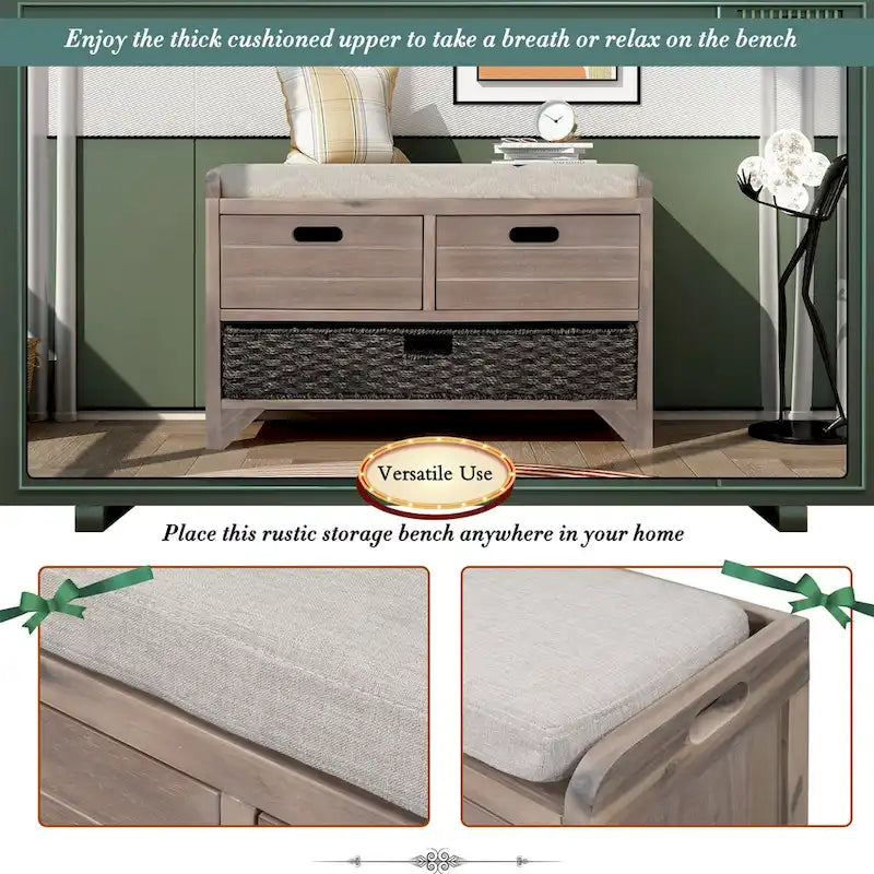 Acacia Wood Storage Bench with Removable Basket, 2 Drawers and Cushion, 32 in.
