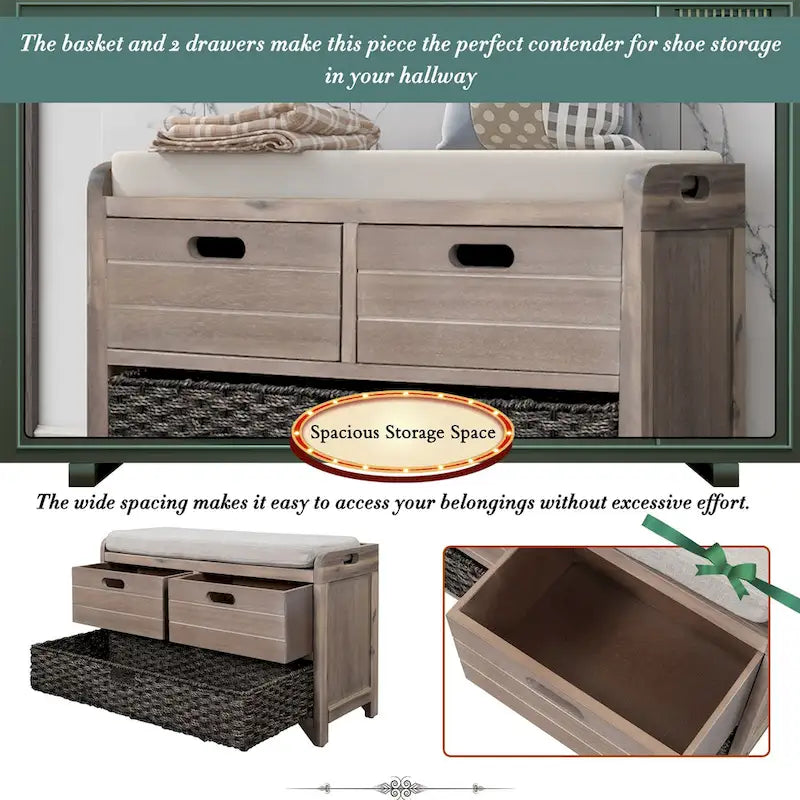 Acacia Wood Storage Bench with Removable Basket, 2 Drawers and Cushion, 32 in.