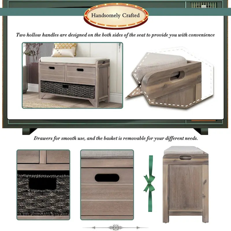 Acacia Wood Storage Bench with Removable Basket, 2 Drawers and Cushion, 32 in.