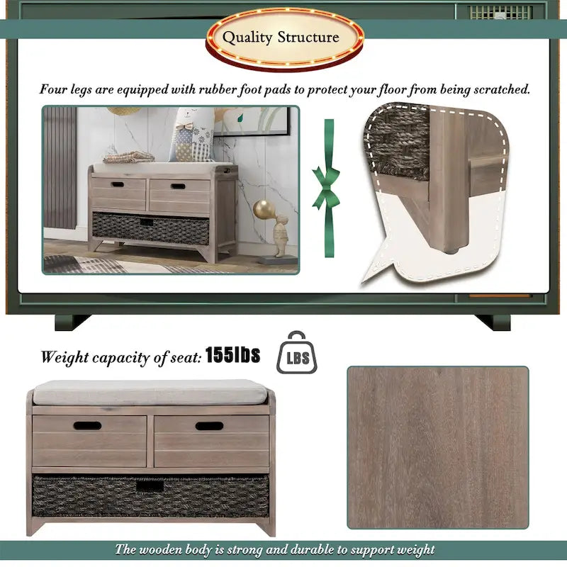 Acacia Wood Storage Bench with Removable Basket, 2 Drawers and Cushion, 32 in.