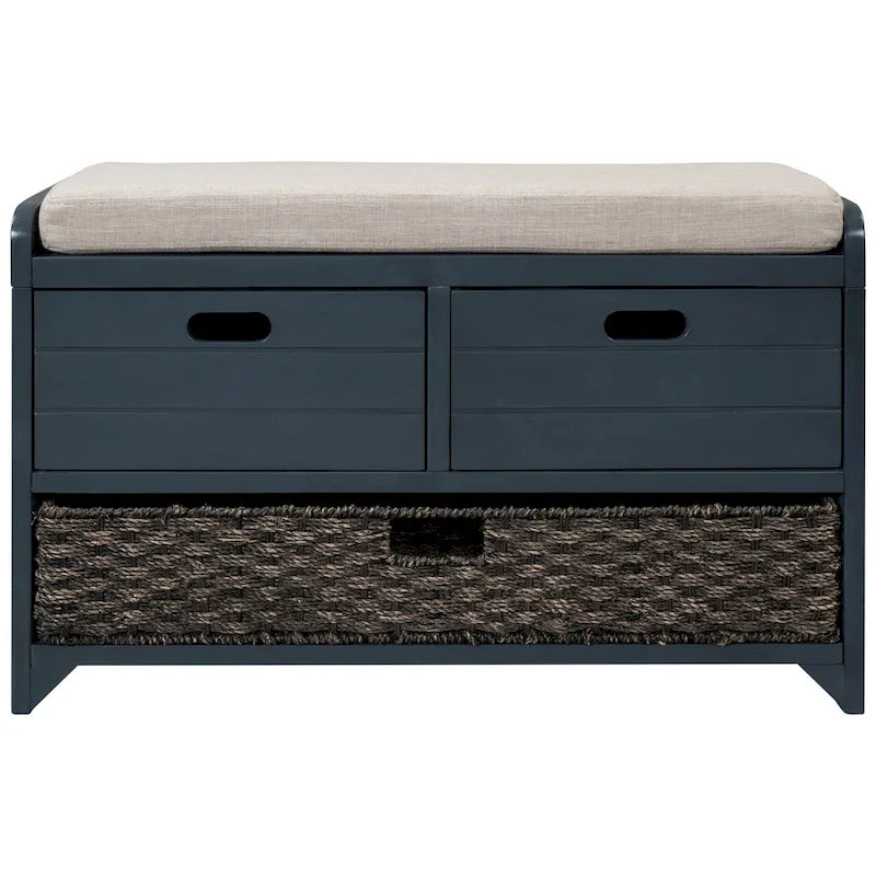 Acacia Wood Storage Bench with Removable Basket, 2 Drawers and Cushion, 32 in.