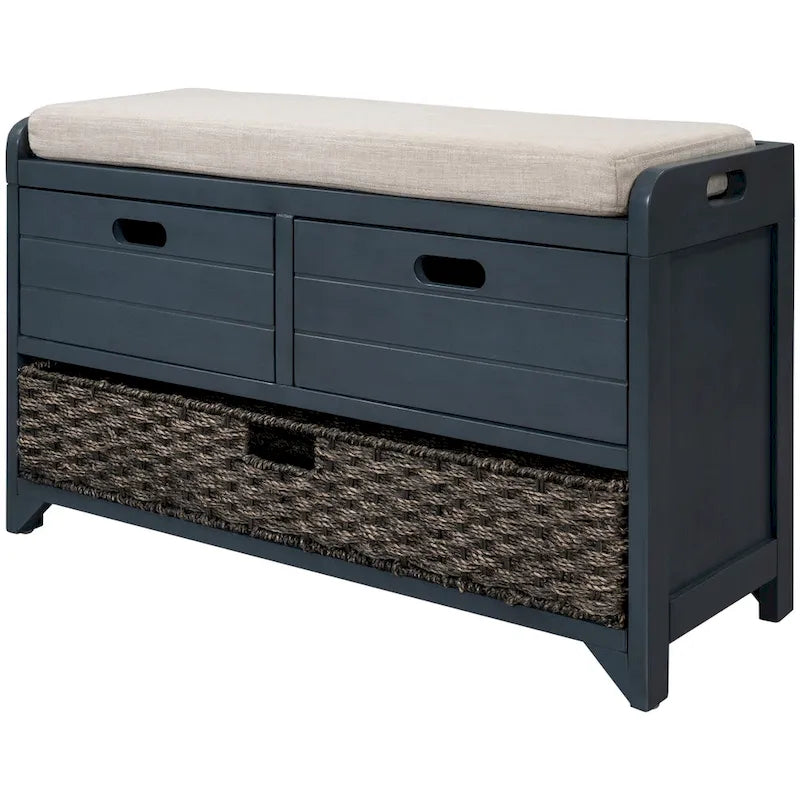 Acacia Wood Storage Bench with Removable Basket, 2 Drawers and Cushion, 32 in.