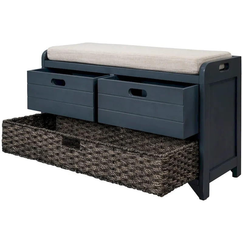 Acacia Wood Storage Bench with Removable Basket, 2 Drawers and Cushion, 32 in.