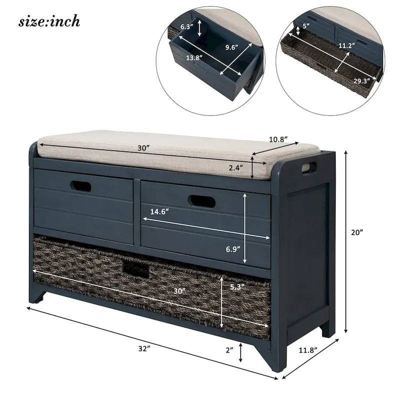 Acacia Wood Storage Bench with Removable Basket, 2 Drawers and Cushion, 32 in.