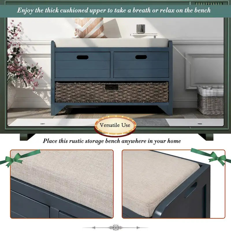 Acacia Wood Storage Bench with Removable Basket, 2 Drawers and Cushion, 32 in.