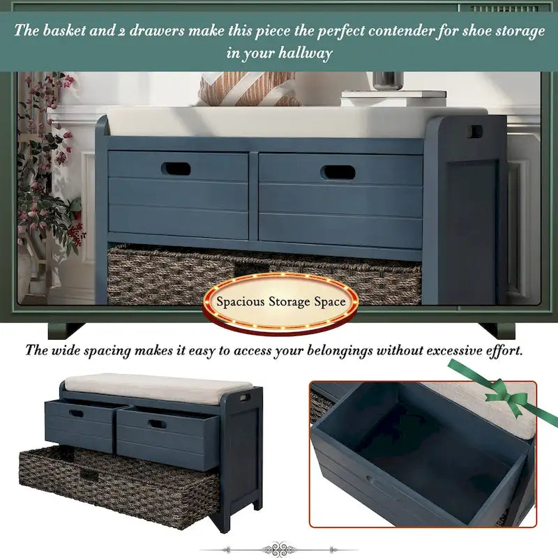 Acacia Wood Storage Bench with Removable Basket, 2 Drawers and Cushion, 32 in.