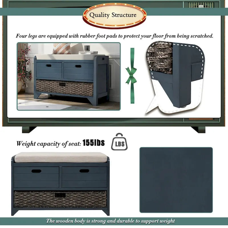 Acacia Wood Storage Bench with Removable Basket, 2 Drawers and Cushion, 32 in.