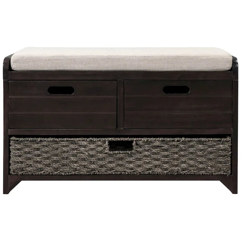 Acacia Wood Storage Bench with Removable Basket, 2 Drawers and Cushion, 32 in.