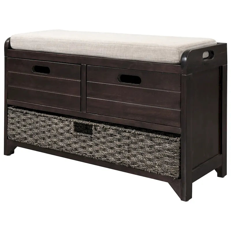 Acacia Wood Storage Bench with Removable Basket, 2 Drawers and Cushion, 32 in.