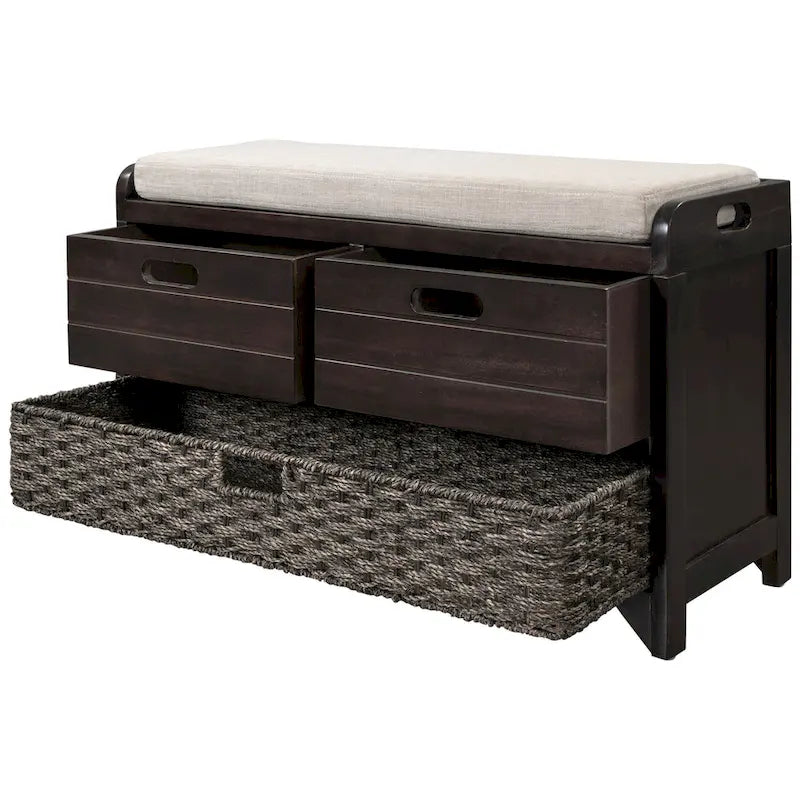 Acacia Wood Storage Bench with Removable Basket, 2 Drawers and Cushion, 32 in.