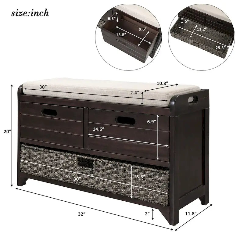 Acacia Wood Storage Bench with Removable Basket, 2 Drawers and Cushion, 32 in.