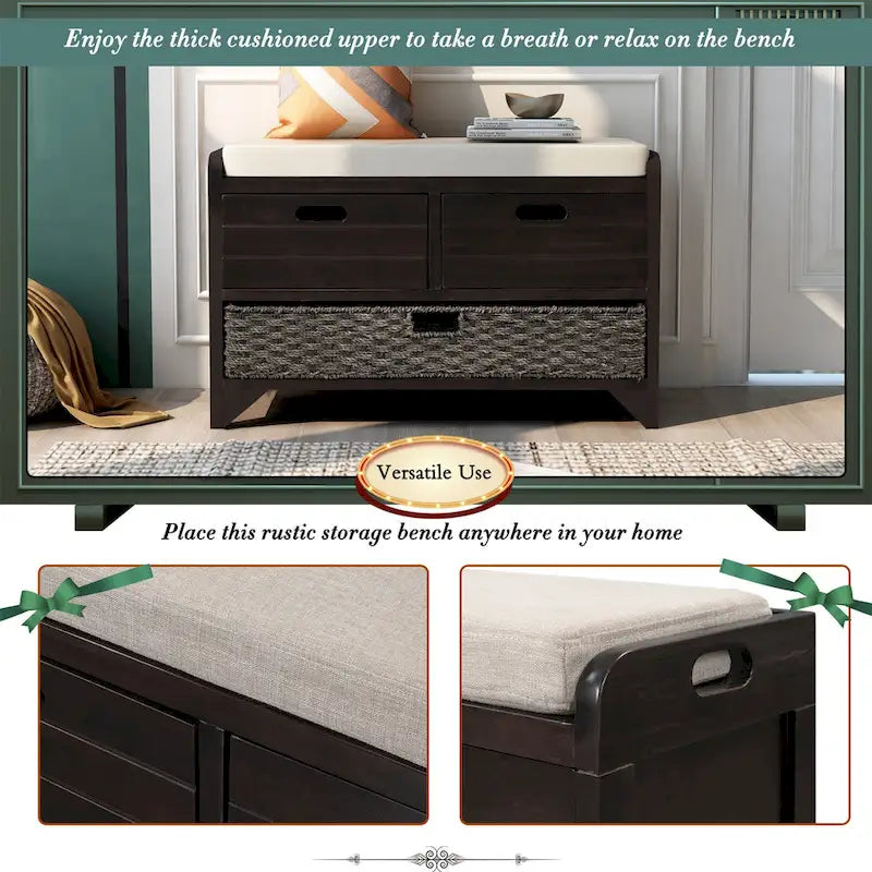 Acacia Wood Storage Bench with Removable Basket, 2 Drawers and Cushion, 32 in.