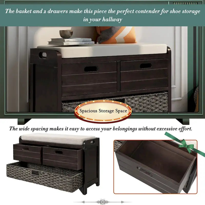 Acacia Wood Storage Bench with Removable Basket, 2 Drawers and Cushion, 32 in.
