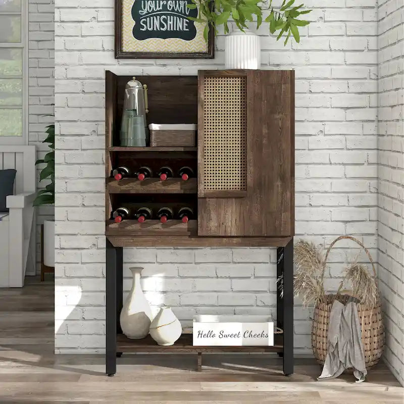 Farmhouse Kitchen Hutch with Wine Rack 2 Open Shelves and Mesh Cabinet Door 51.8 in.