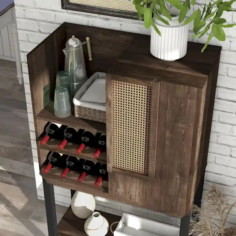 Farmhouse Kitchen Hutch with Wine Rack 2 Open Shelves and Mesh Cabinet Door 51.8 in.