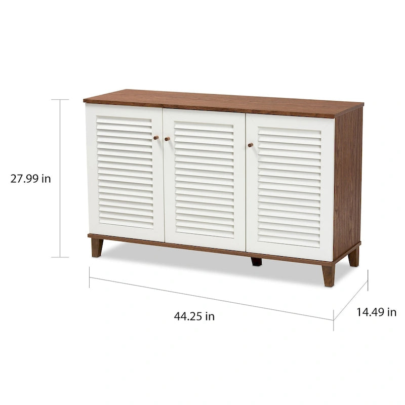 Modern Shoe Cabinet with 3 Slatted Doors 8 Shelves for 16 Pairs White Walnut