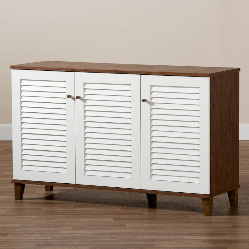 Modern Shoe Cabinet with 3 Slatted Doors 8 Shelves for 16 Pairs White Walnut