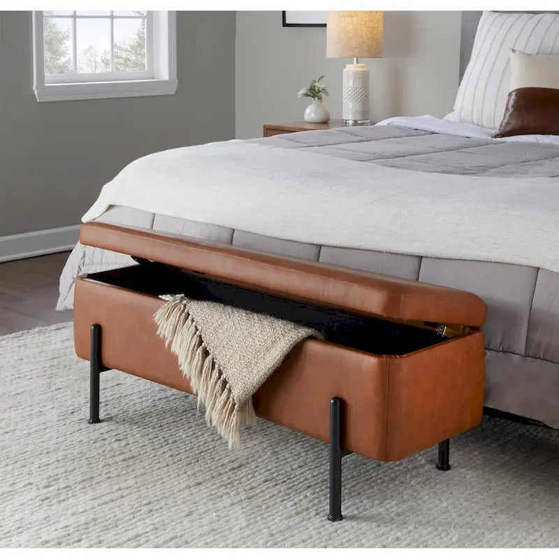 Upholstered Storage Bench with Flip Top Lid and Metal Base 500 lbs Capacity