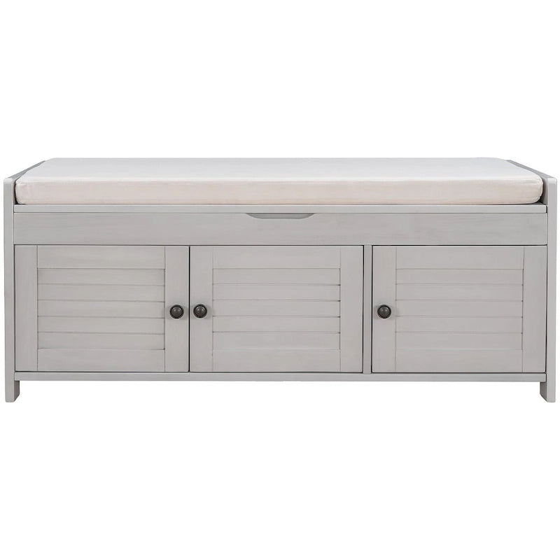 Wooden Storage Bench with Cushion 2 Cabinet Doors and Hidden Compartment