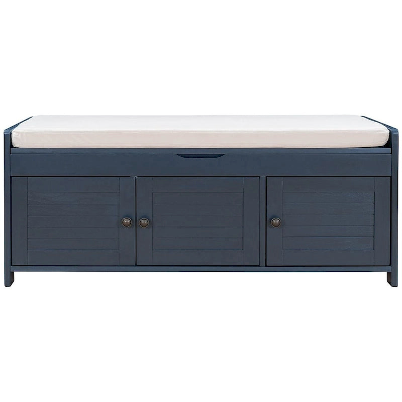 Wooden Storage Bench with Cushion 2 Cabinet Doors and Hidden Compartment