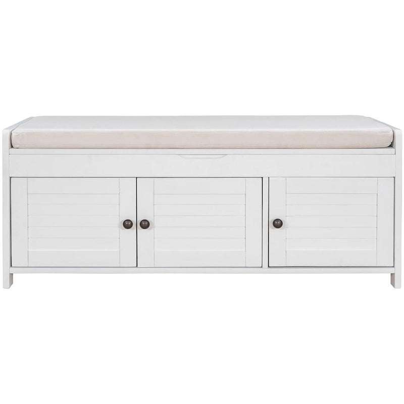 Wooden Storage Bench with Cushion 2 Cabinet Doors and Hidden Compartment