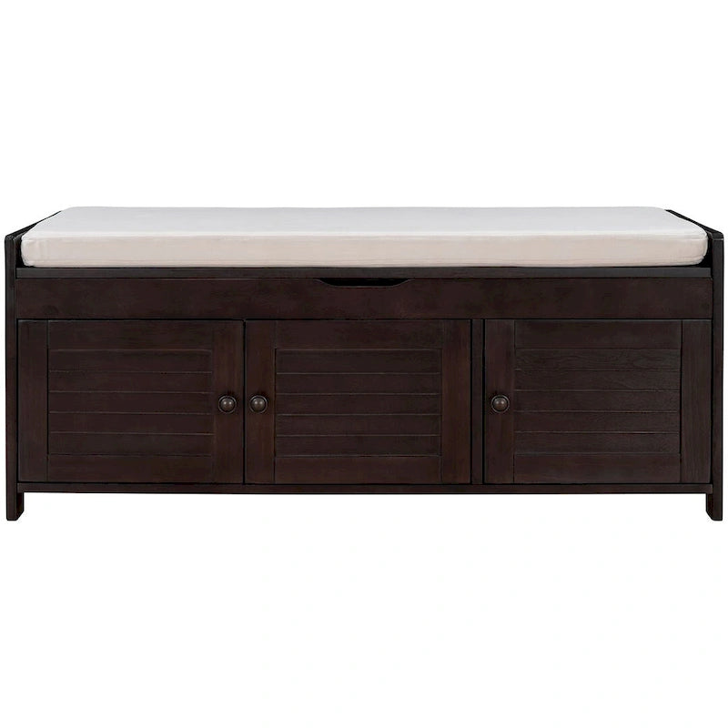 Wooden Storage Bench with Cushion 2 Cabinet Doors and Hidden Compartment