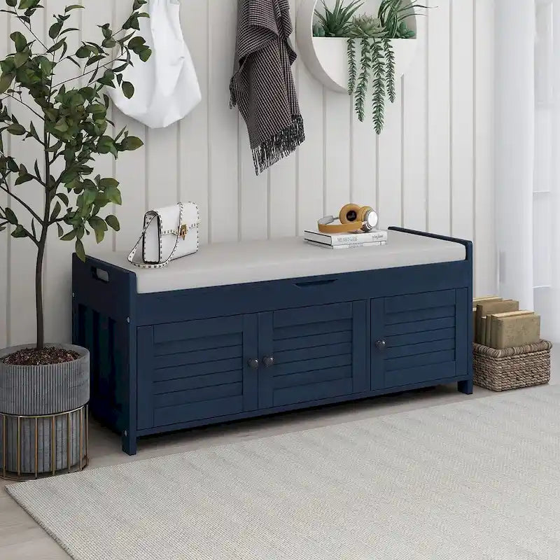 Wooden Storage Bench with Cushion 2 Cabinet Doors and Hidden Compartment