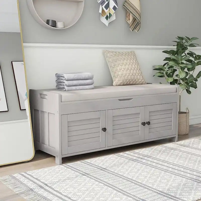 Wooden Storage Bench with Cushion 2 Cabinet Doors and Hidden Compartment