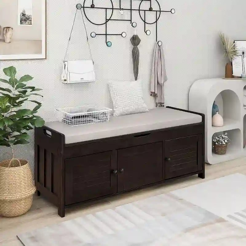 Wooden Storage Bench with Cushion 2 Cabinet Doors and Hidden Compartment