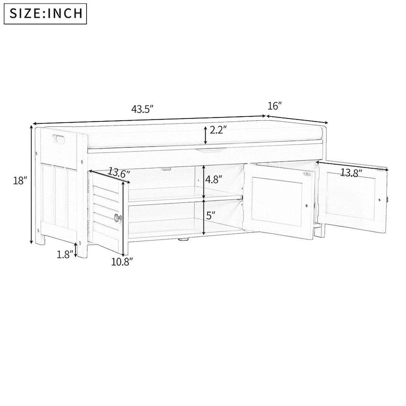 Wooden Storage Bench with Cushion 2 Cabinet Doors and Hidden Compartment