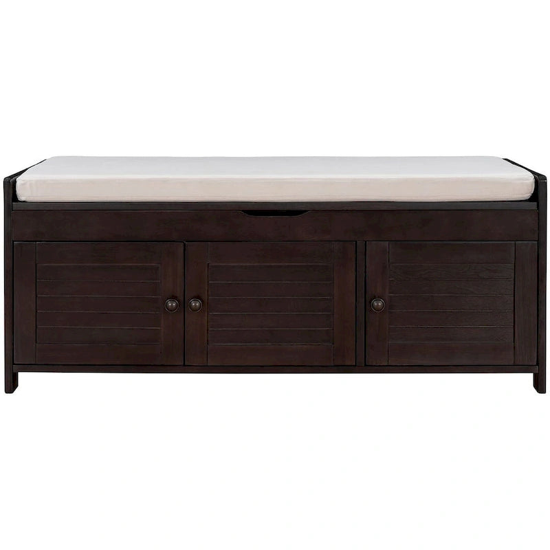 Wooden Storage Bench with Cushion 2 Cabinet Doors and Hidden Compartment