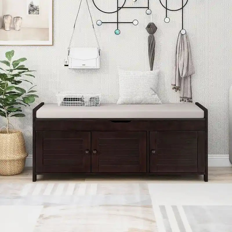 Wooden Storage Bench with Cushion 2 Cabinet Doors and Hidden Compartment