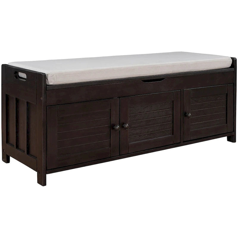 Wooden Storage Bench with Cushion 2 Cabinet Doors and Hidden Compartment