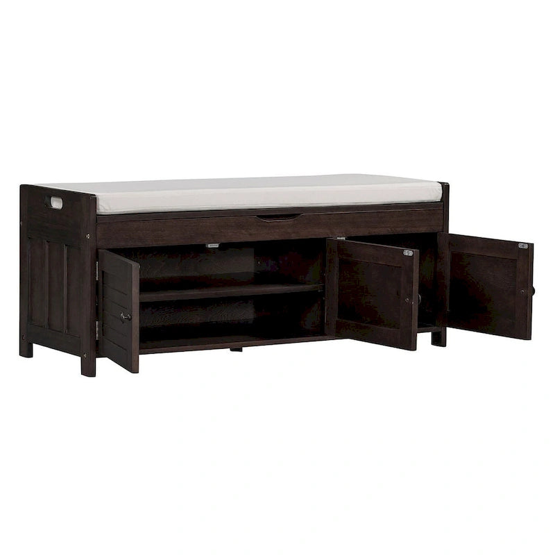 Wooden Storage Bench with Cushion 2 Cabinet Doors and Hidden Compartment