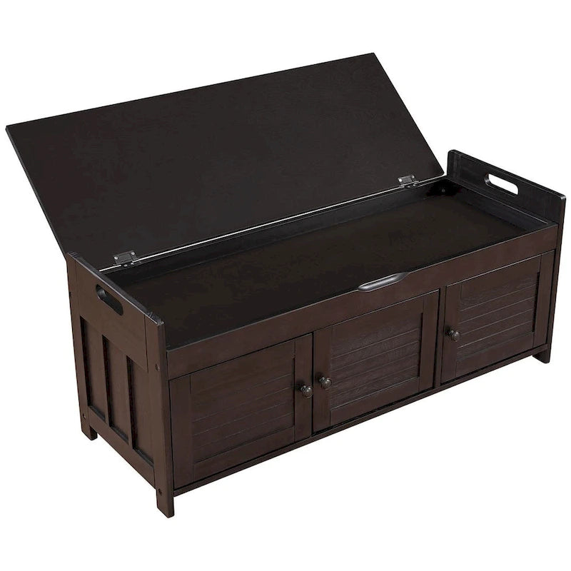 Wooden Storage Bench with Cushion 2 Cabinet Doors and Hidden Compartment