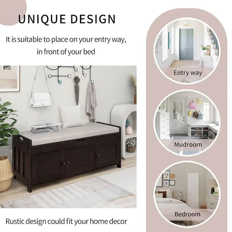 Wooden Storage Bench with Cushion 2 Cabinet Doors and Hidden Compartment