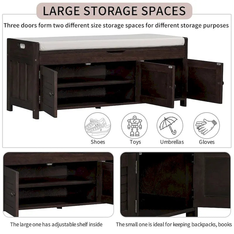 Wooden Storage Bench with Cushion 2 Cabinet Doors and Hidden Compartment