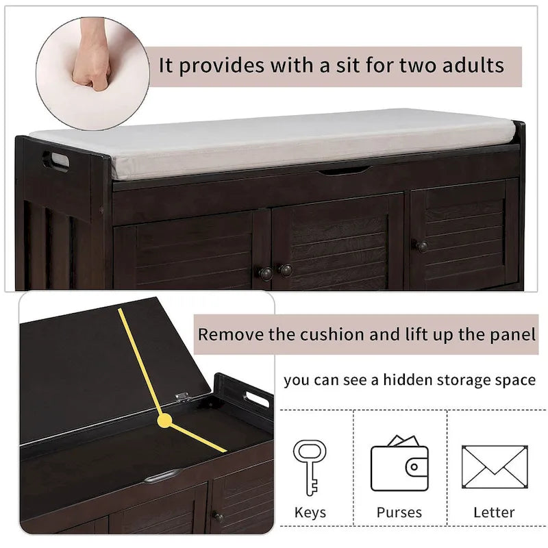 Wooden Storage Bench with Cushion 2 Cabinet Doors and Hidden Compartment