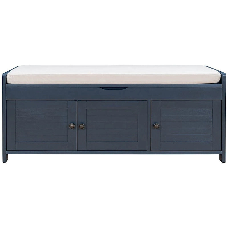Wooden Storage Bench with Cushion 2 Cabinet Doors and Hidden Compartment