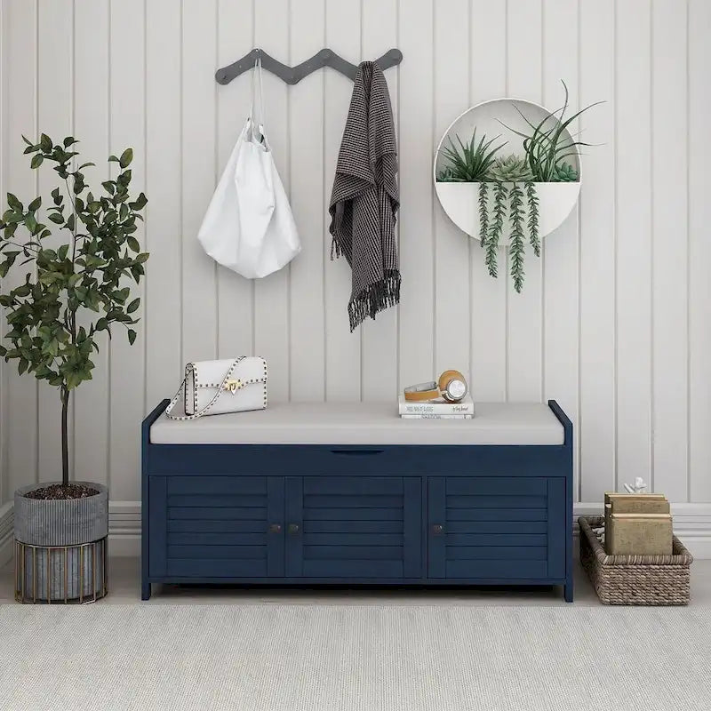 Wooden Storage Bench with Cushion 2 Cabinet Doors and Hidden Compartment