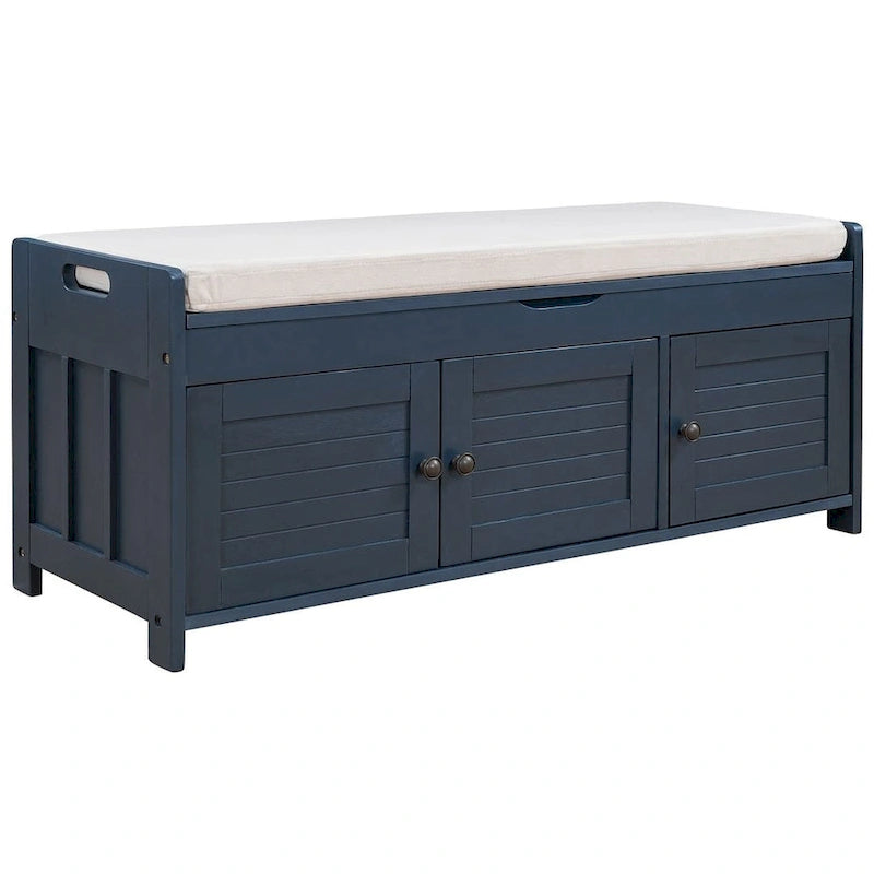 Wooden Storage Bench with Cushion 2 Cabinet Doors and Hidden Compartment