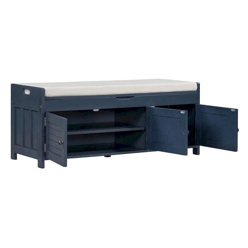 Wooden Storage Bench with Cushion 2 Cabinet Doors and Hidden Compartment