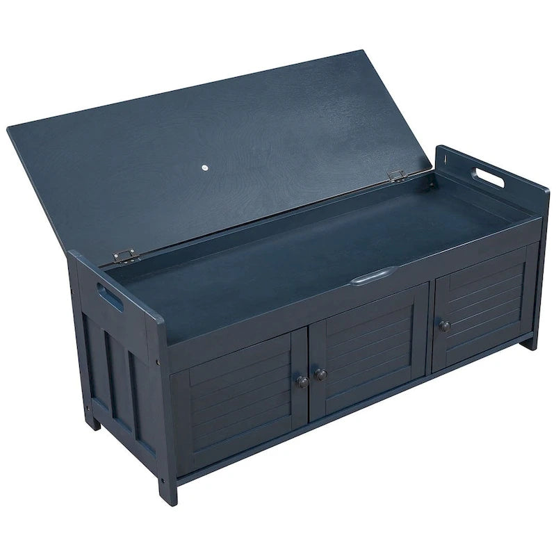 Wooden Storage Bench with Cushion 2 Cabinet Doors and Hidden Compartment